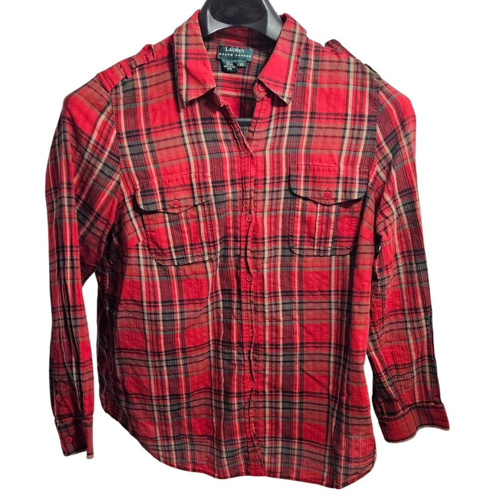 Lauren Ralph Lauren Womens 2X Red Plaid Cotton Button Down Shirt Epaulets Pocket